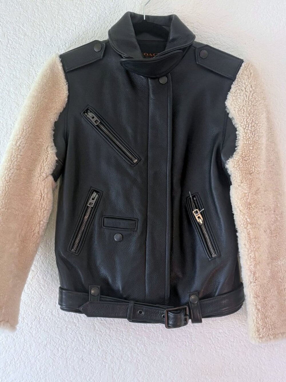 Coach Leather Bomber Jacket with Shearling Sleeves